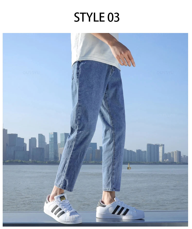 2024 New Men's Stretch Ankle Length Jeans Light blue Fashion Casual Cotton Slim Fit Denim Pants Korean Trousers Male Brand Cloth - reetell