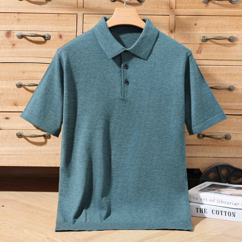 100% merino sweater summer men's lapel pullover short sleeve POLO neck sweater loose top knitted clothing plus size T-shirt