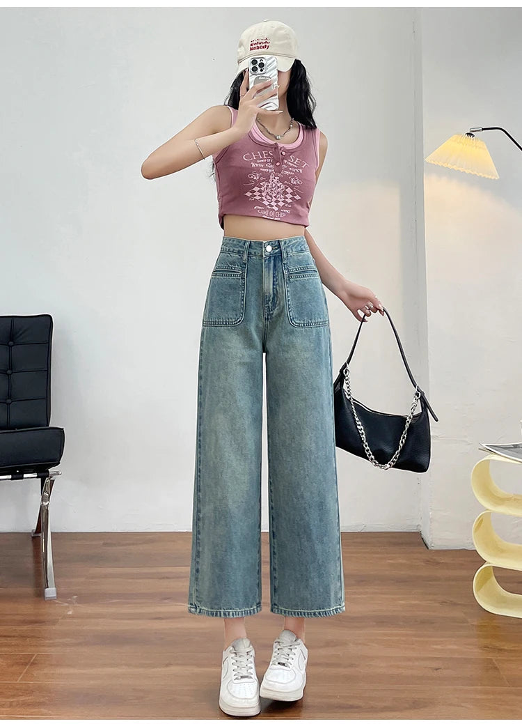 No stretch women jeans new straight leg wide streetwear high waist boyfriend pockets denim trousers cargo pants japanese y2k - reetell