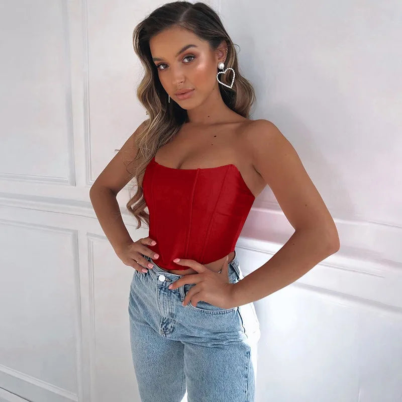 Sleeveless Off Shoulder Velvet Fashion Sexy Corset Crop Tops Vest Female Underwear Backless Bustier Top Solid - reetell