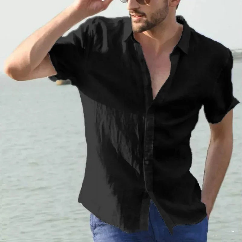 Men's summer breathable thin trendy short-sleeved cardigan casual lapel solid color shirt suitable for outdoor activities