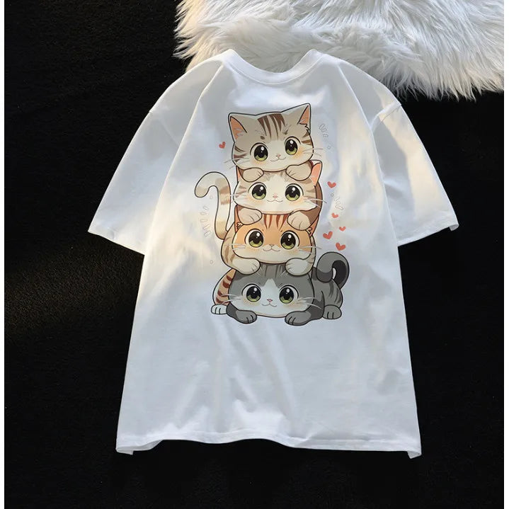 Cute Cartoon Cat Print Women's Round Neck Short Sleeved T-shirt Casual Loose Versatile Summer Tshirt - reetell