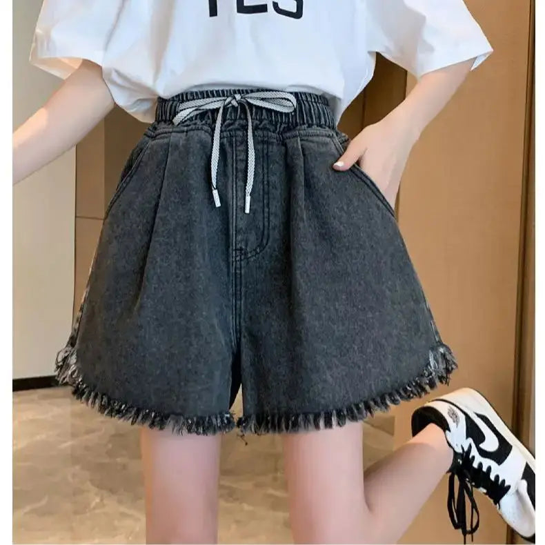 Big Size Denim Shorts Summer Thin Section Wide Leg Wide Loose Tight High Waist Female Students Fattening Women Tassel Wide - reetell