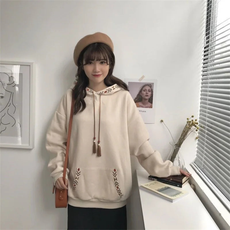 Casual Loose Pullover Hooded Sweatshirt with Drawstring Fashion Chinese Style Long Sleeve Pull Hoodies Women Oversized Jacket - reetell