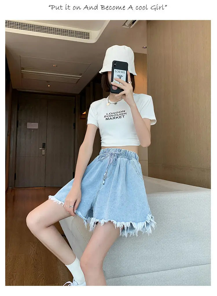 Big Size Denim Shorts Summer Thin Section Wide Leg Wide Loose Tight High Waist Female Students Fattening Women Tassel Wide - reetell