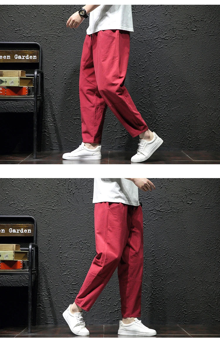 100% Cotton Ankle Length Pants Summer Casual Pants Man Trendy Japanese Loose Pants Men - reetell