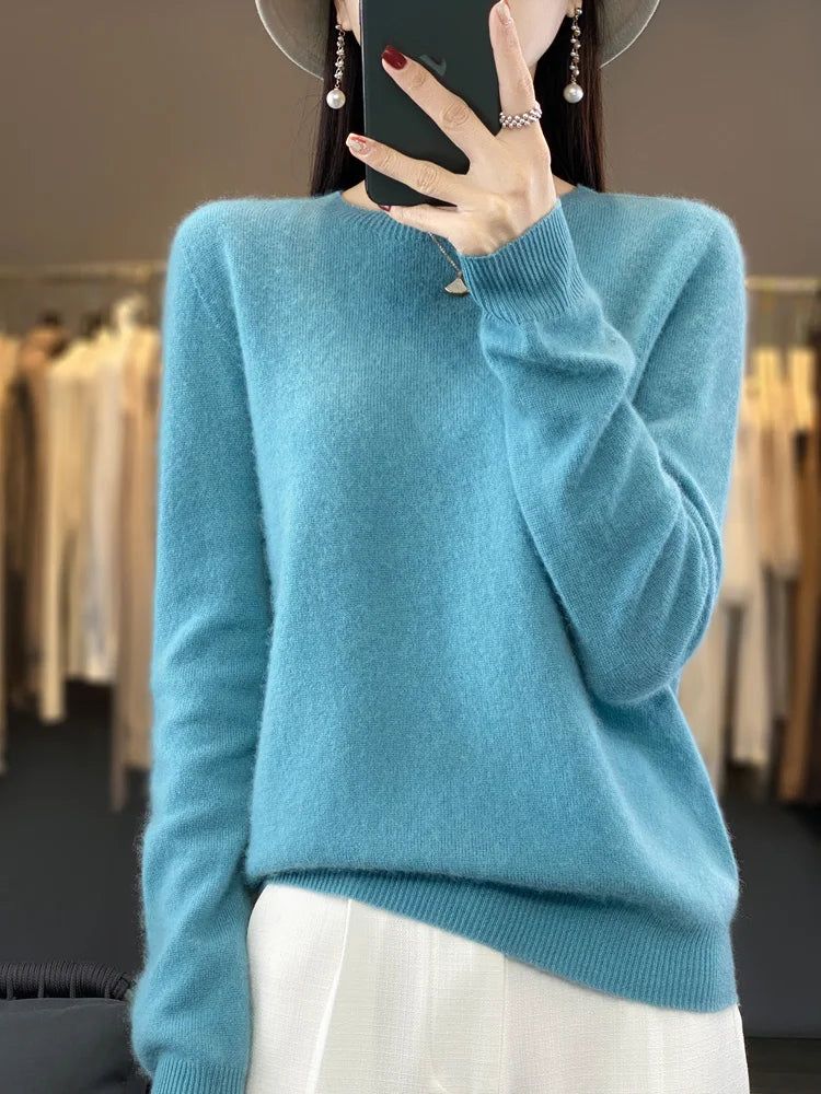 100% Merino Wool Sweater Women  Cashmere Pullover Knitwear Autumn Winter O-neck Solid Color Fashion Basic Female Clothes Tops - reetell