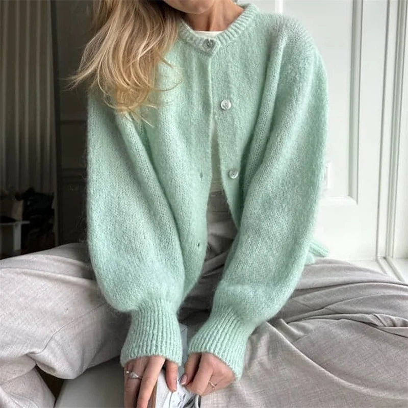 Lamuusaa y2k Sweaters 2000s Women Solid Color Round Neck Single Breasted Long Sleeve Cardigan Tops Warm Knitwear Streetwear - reetell