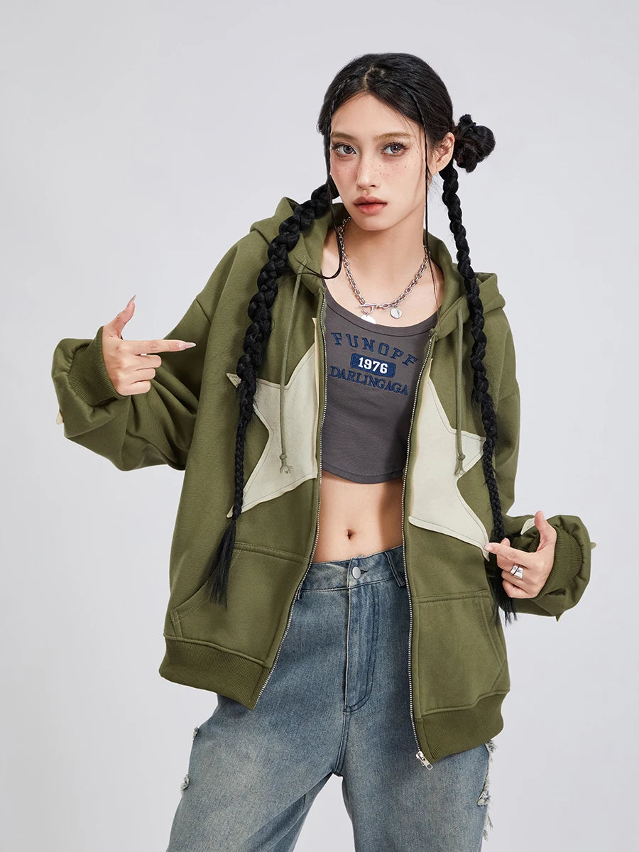 wsevypo Grunge Retro Star Print Hoodies Autumn Women's Long Sleeve Zip-up Hooded Sweatshirts with Front Pocket Street Outwear - reetell