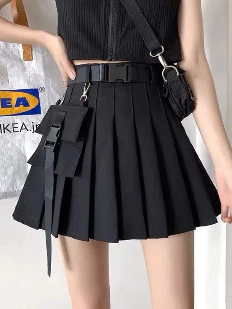 Zoki Harajuku Belt Pleated Cargo Skirt Women Fashion Gothic High Waist Pocket Mini Skirts Fashion Summer Lady A Line Black Skirt - reetell