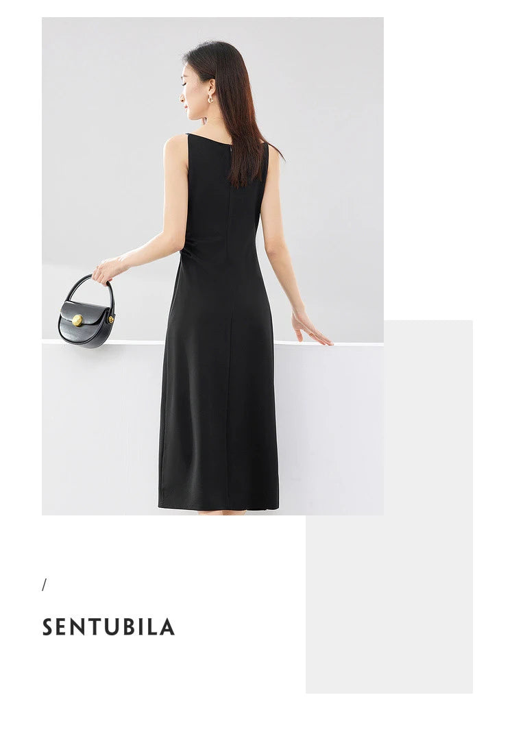 SENTUBILA Ruched Black Dress Women 2024 Spring Summer Party Slim Temperament Slash Neck Sleeveless Lady Midi Dresses Q33L52443 - reetell