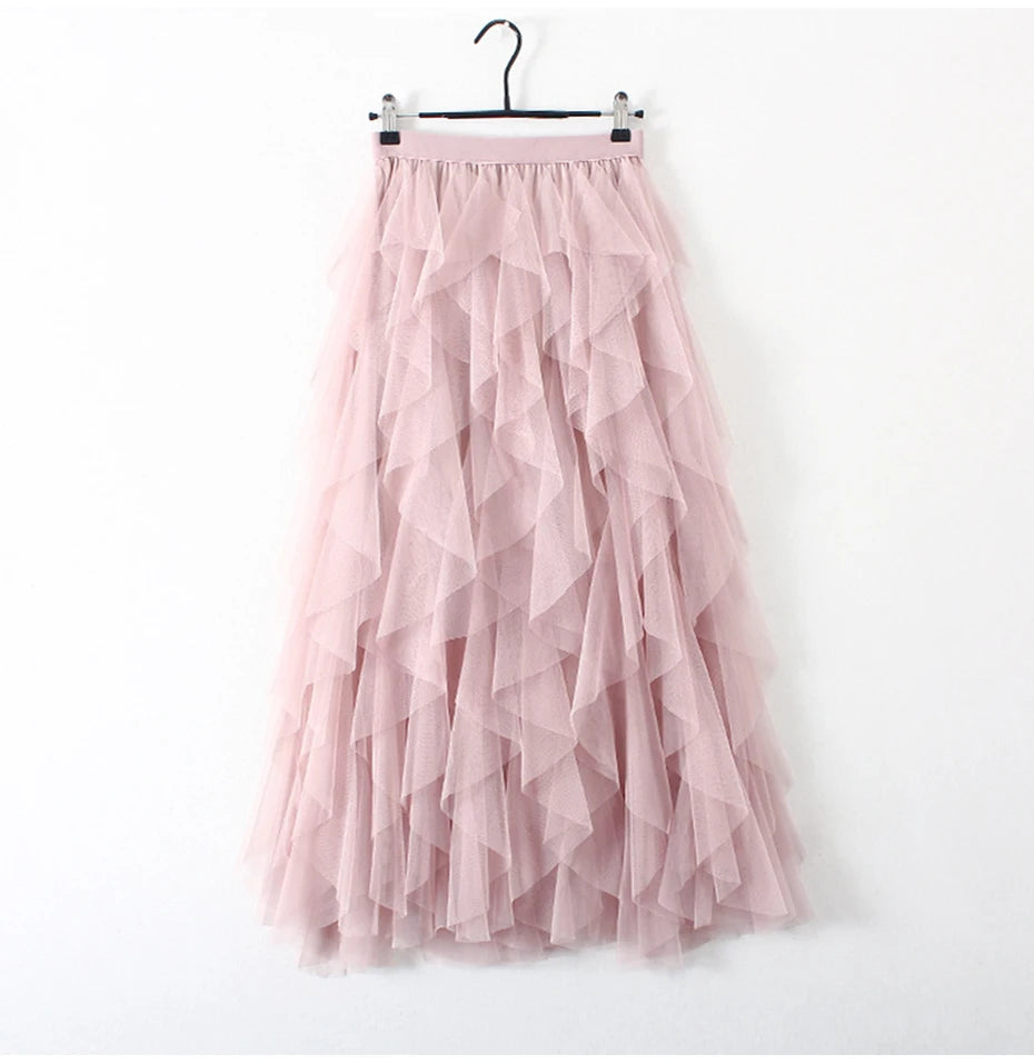 Tutu Tulle Long Maxi Skirt Women Fashion 2022 Korean Cute Pink High Waist Pleated Skirt Mesh Female Lady Aesthetic Faldas - reetell