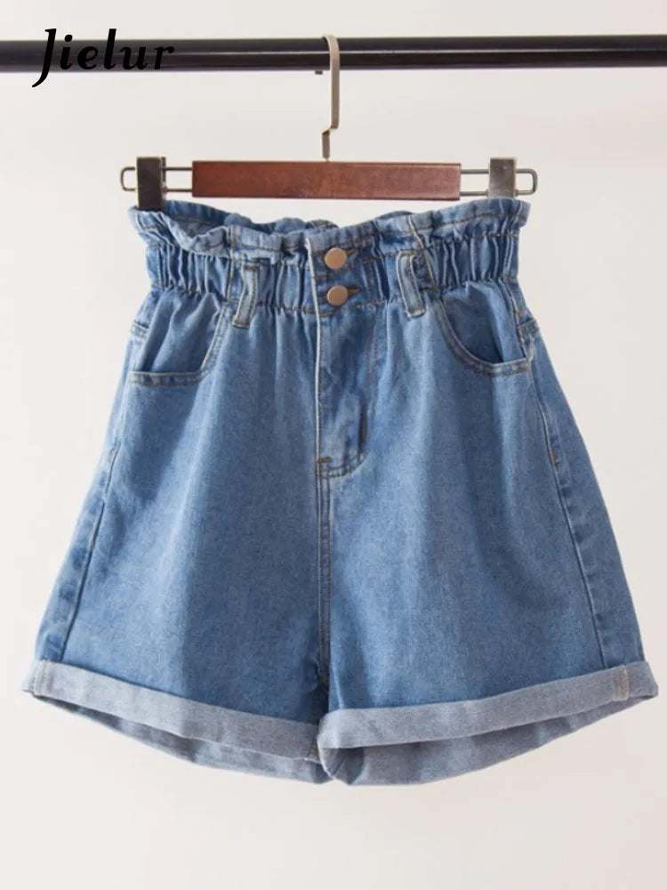 Jielur Summer Black Women Denim Shorts Women S-5XL Harem Ruffled White Blue High Waisted Shorts Female Elastic Short Jeans - reetell