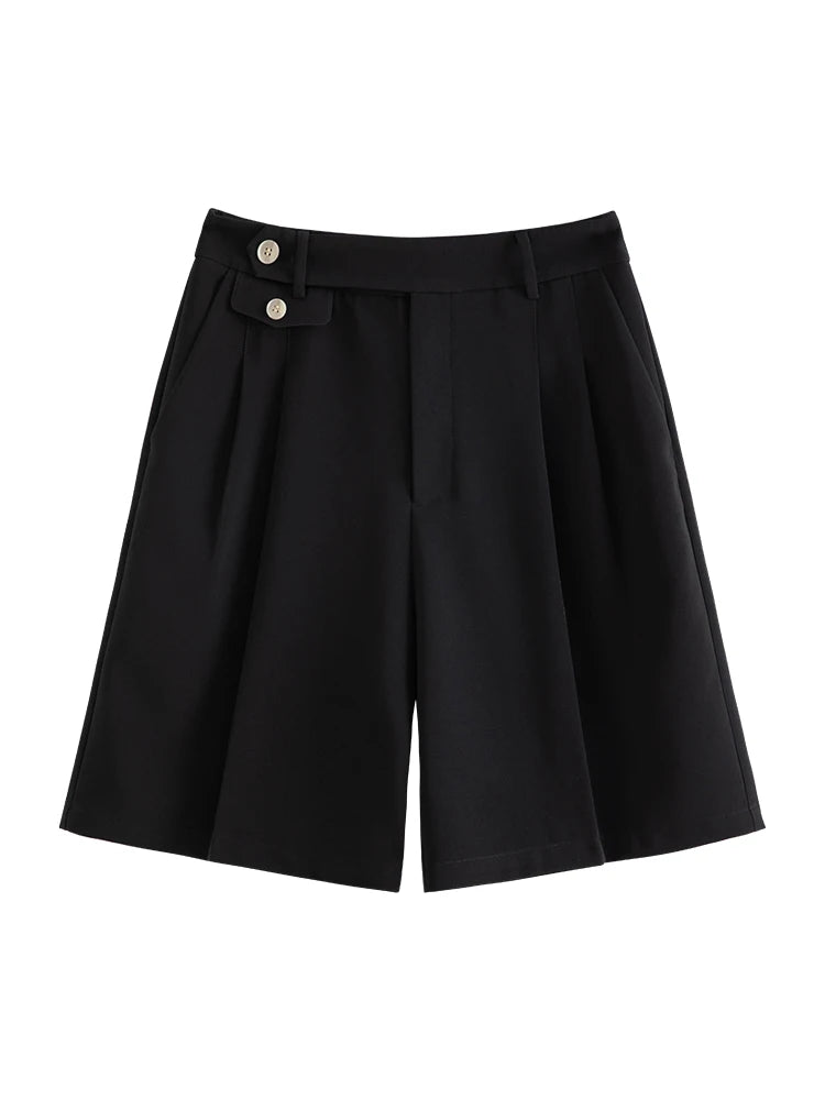 FSLE Office Lady Five-Point Suit Shorts High Waist Button Decoration Pleated Design Loose Solid Shorts Twill Commuter Bottoms - reetell