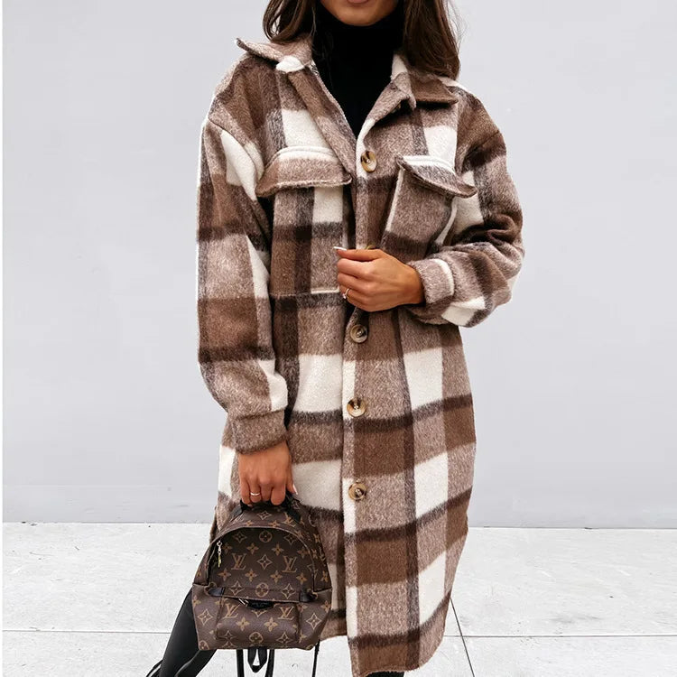 Single Breasted Trench Coat Fashion Long Autumn Winter Women's Clothing Long Sleeve Woolen Plaid Overcoat Coat - reetell