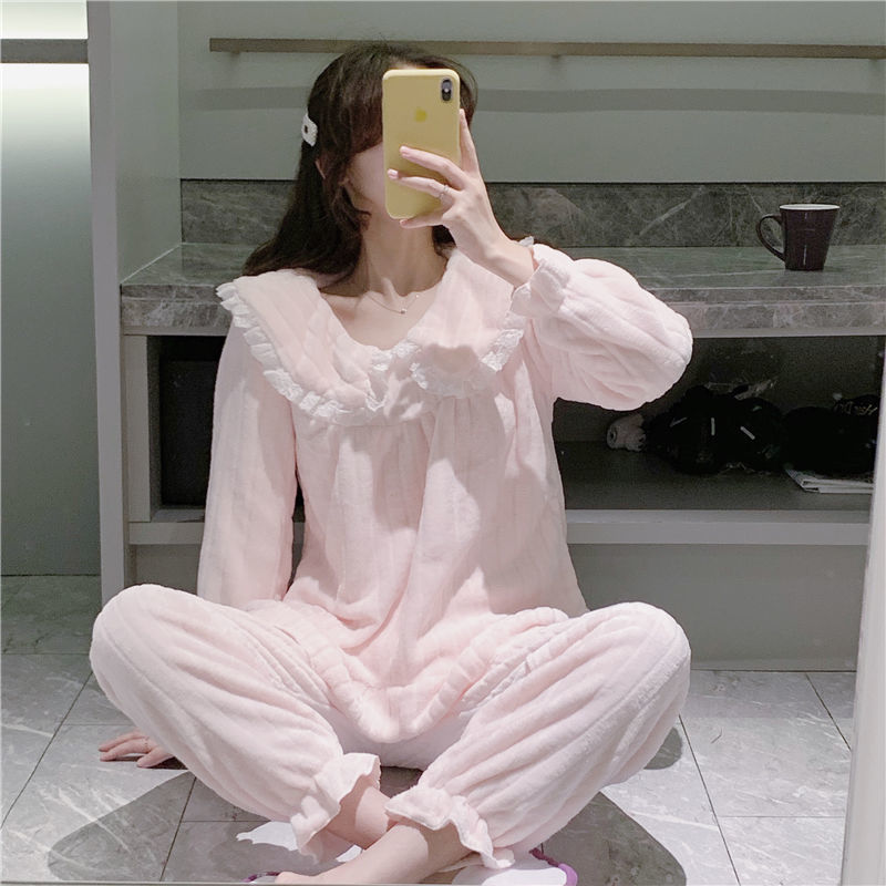 Coral Fleece Pajamas Sets for Women Autumn Winter Thick Warm Sweet Long Sleeve Sleepwear Nightgown Pijama Suit Mujer Homewear