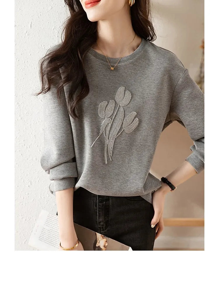 Women's Stereoscopic Flowers Hooded Sweatshirt Casual Round Neck Top Gray Clothes Simple Fashion Autumn - reetell