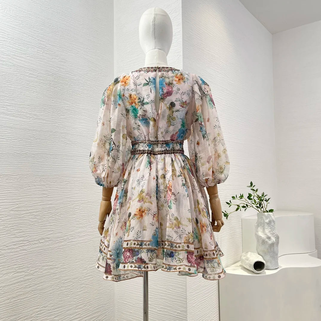 2024 New Collection Multicolor Floral Print 3/4 Sleeve Diamonds Pressed Deep V-neck High Quality Linen Silk Women Mini Dress - reetell