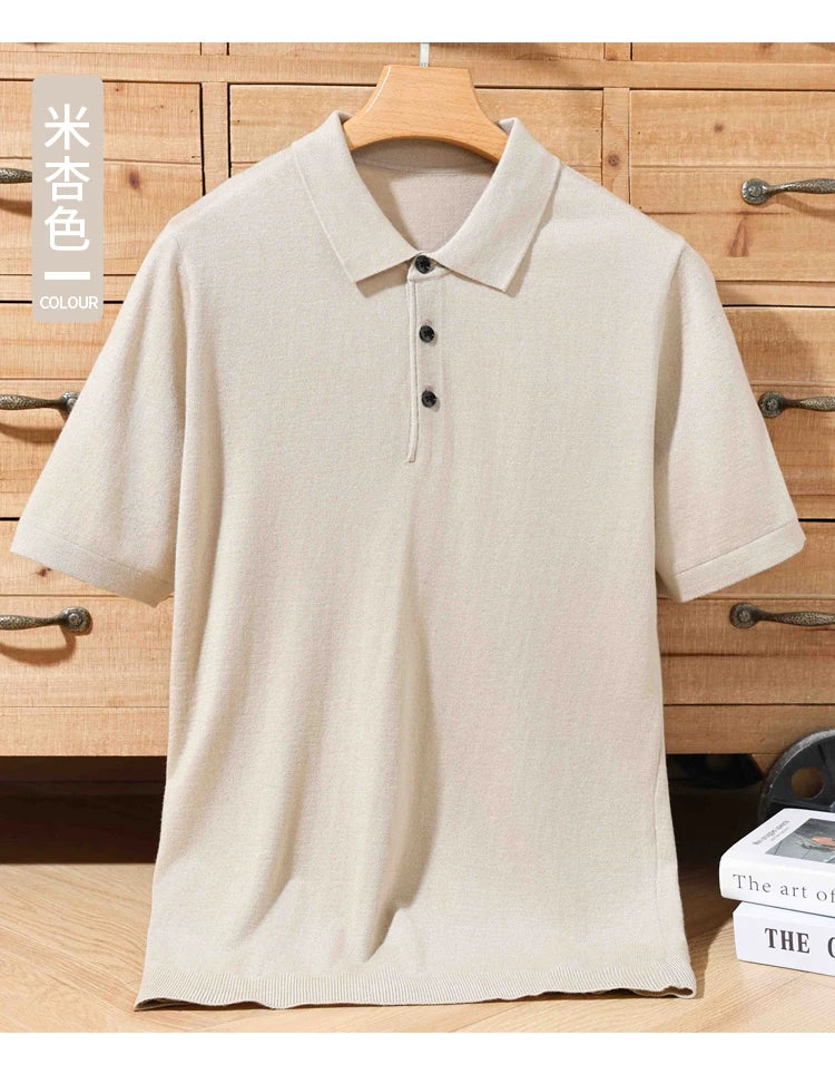 Summer 100% merino wool men's lapel pullover short sleeve POLO neck sweater loose top business casual knit T-shirt