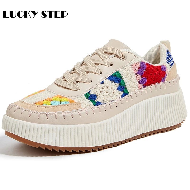 LUCKY STEP Women's Platform Sneakers Rhinestone Fashion Chunky Casual Sparkly Retro Braided Walking Shoes