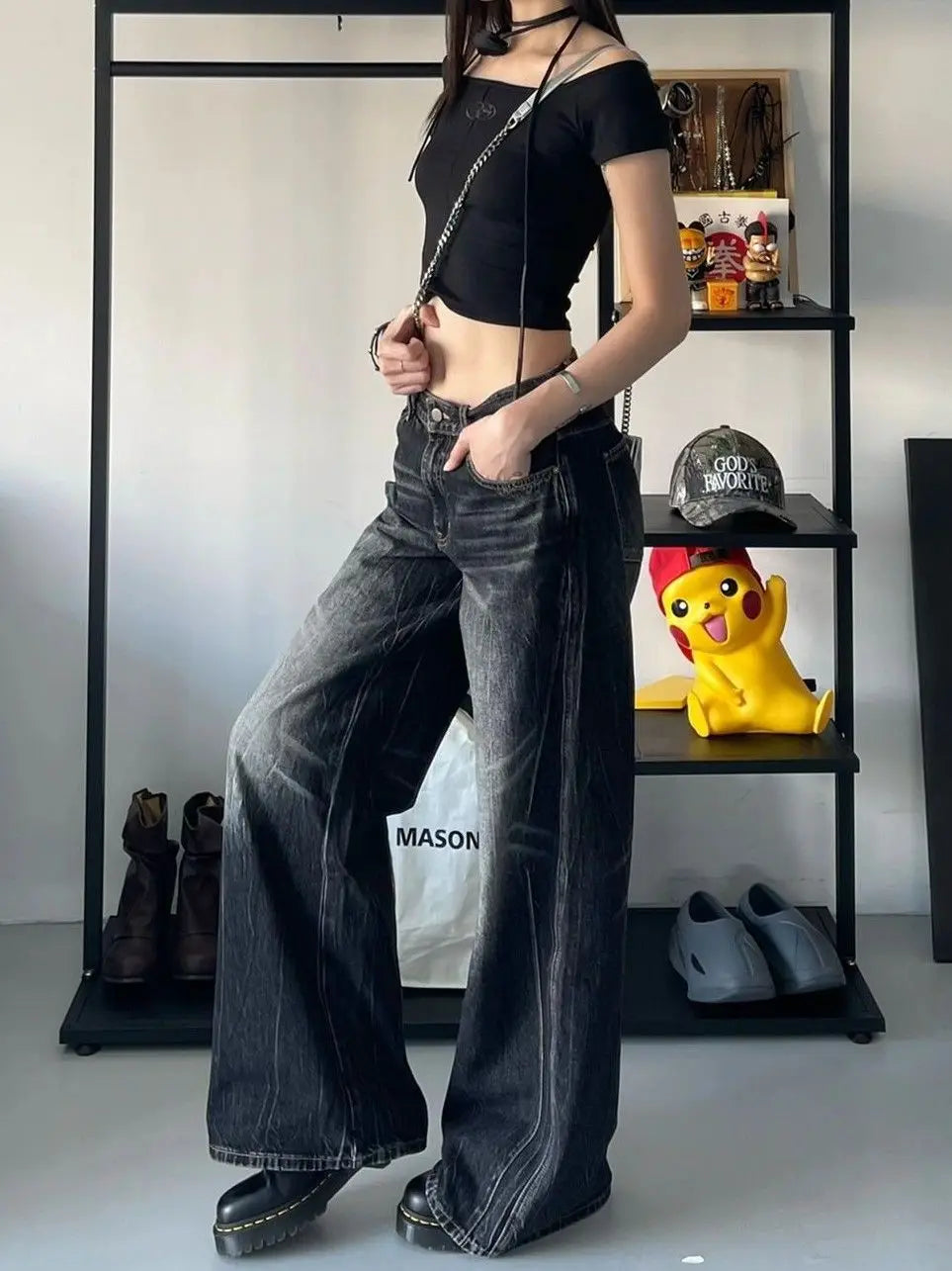 HOUZHOU Grunge Y2k Black Jeans Women Baggy Vintage High Street Oversized Denim Trousers Gothic Gyaru 2000s Acubi Fashion Jeans - reetell