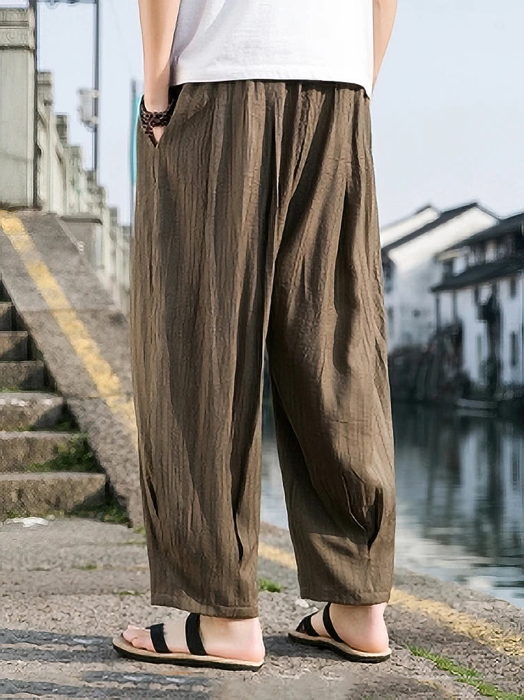 Ice Silk Casual Linen Pants Men Oversize Chinese Summer Wide leg Baggy Sweatpants Male Outdoor Sport Harem Trousers