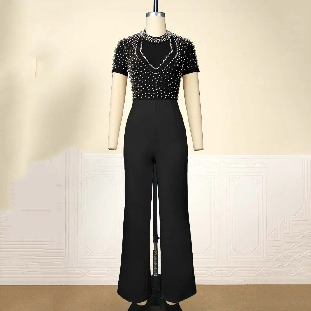 Elegant Jumpsuits & Rompers for Women O Nec Short Sleeve Beaded High Waisted Luxury Female Birthday Dinner Party Overalls Outfit - reetell