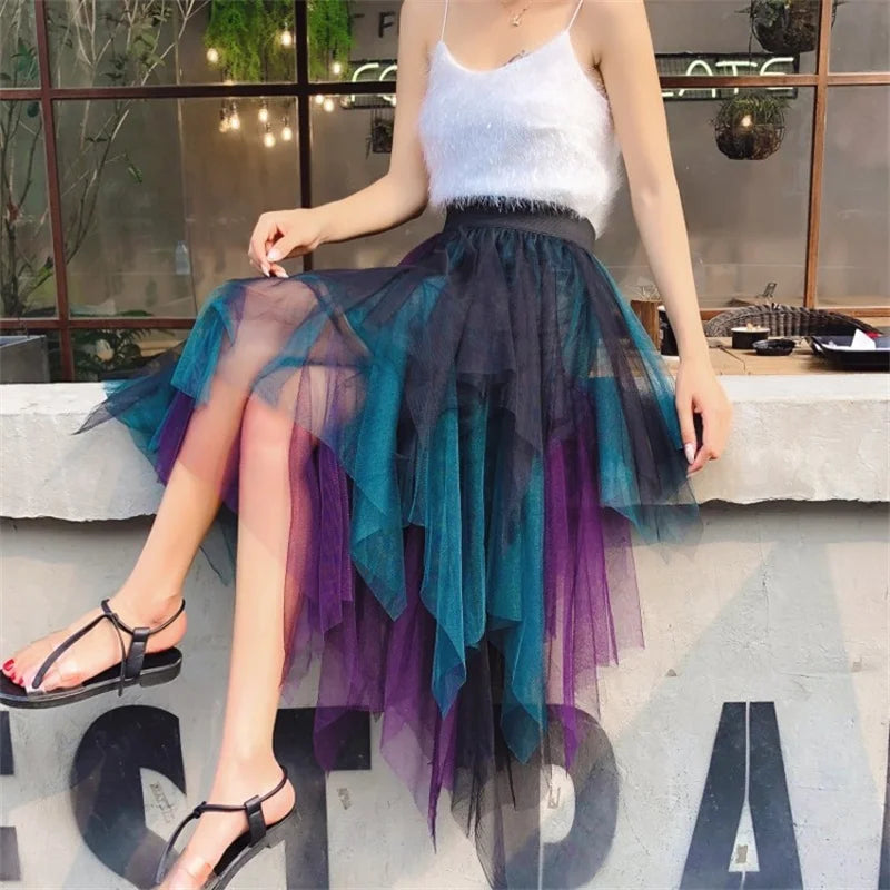 Fashion Summer Tutu Women Skirt Harajuku Tulle Bottom Faldas Casual High Waist Midi Mesh Skirts Woman Clothes Saia Jupe Femme - reetell