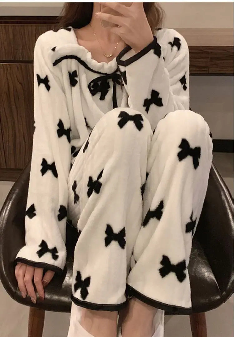 Coral Fleece Pajamas Sets for Women Autumn Winter Thick Warm Sweet Long Sleeve Sleepwear Nightgown Pijama Suit Mujer Homewear