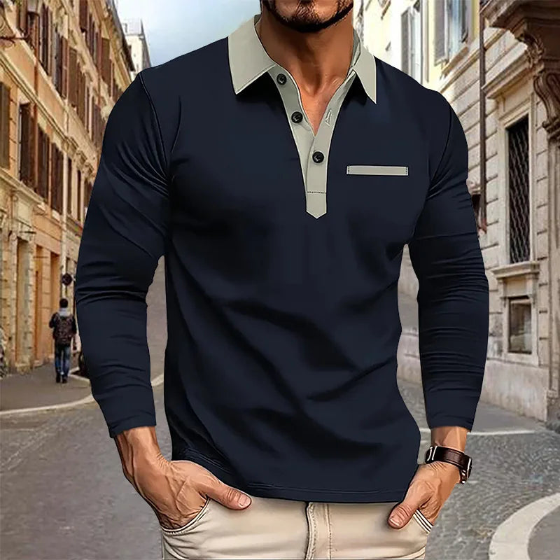 Spring and Autumn Men's Long sleeved Polo Shirt business casual Fashion Classic lapel neck Shirt European and American plus size