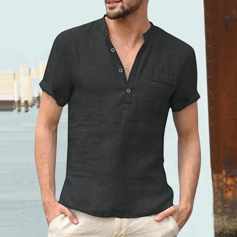 High Quality New Men'S Linen V Neck Bandage T Shirts Male Solid Color Long Sleeves Casual Cotton Linen Tshirt Tops