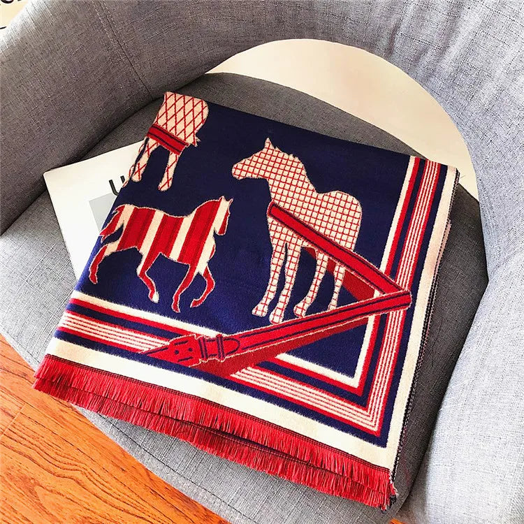 Women's Autumn Winter Horse Pattern Scarf New Luxury Cashmere Feeling Large Blanket Wrap Soft Warm Brand Shawl Retro & Classical - reetell