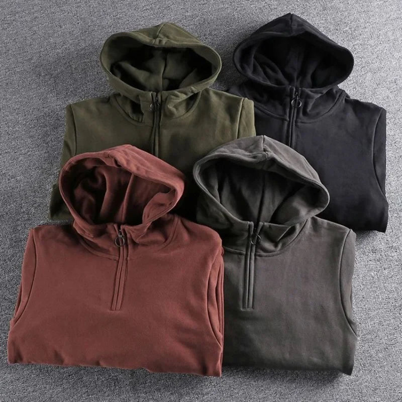 Men's Clothing Black Half Zip Sweatshirts for Man Warm Hoodies Solid Hooded Fleeced Y2k Vintage High Quality Korean Style Loose - reetell