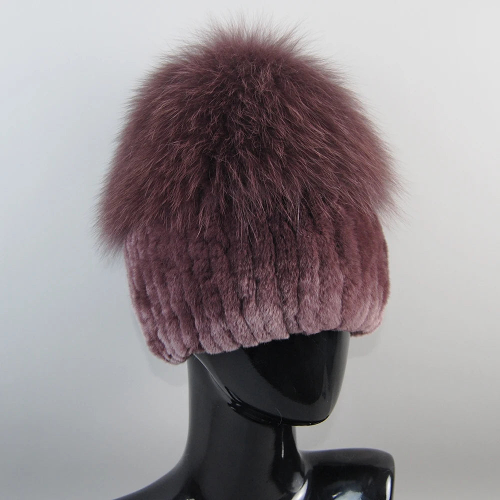 2024 Lady Winter Real Fur Hats Women Warm Knitted Genuine Rex Rabbit Fur Hat Top Natural Fox Fur Bomber Caps Rex Rabbit Fur Cap - reetell