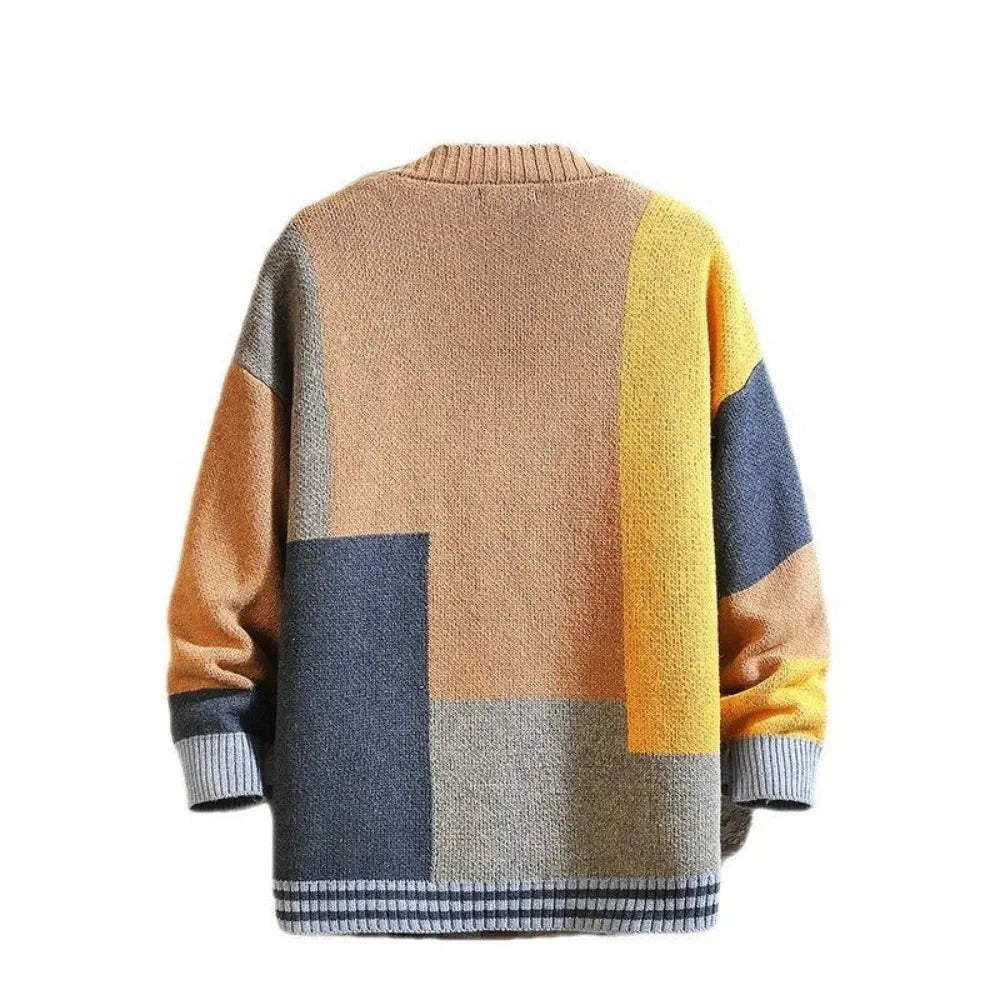 The new men's colorful sweater cardigan splicing V-neck knitwear large size jacket - reetell