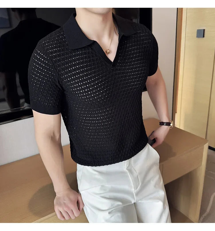 Men's Polo Shirt 2024 Summer New Light and Thin Knitted Hollow Solid Color Casual Short Sleeved V-neck T-shirt Men's Clothing