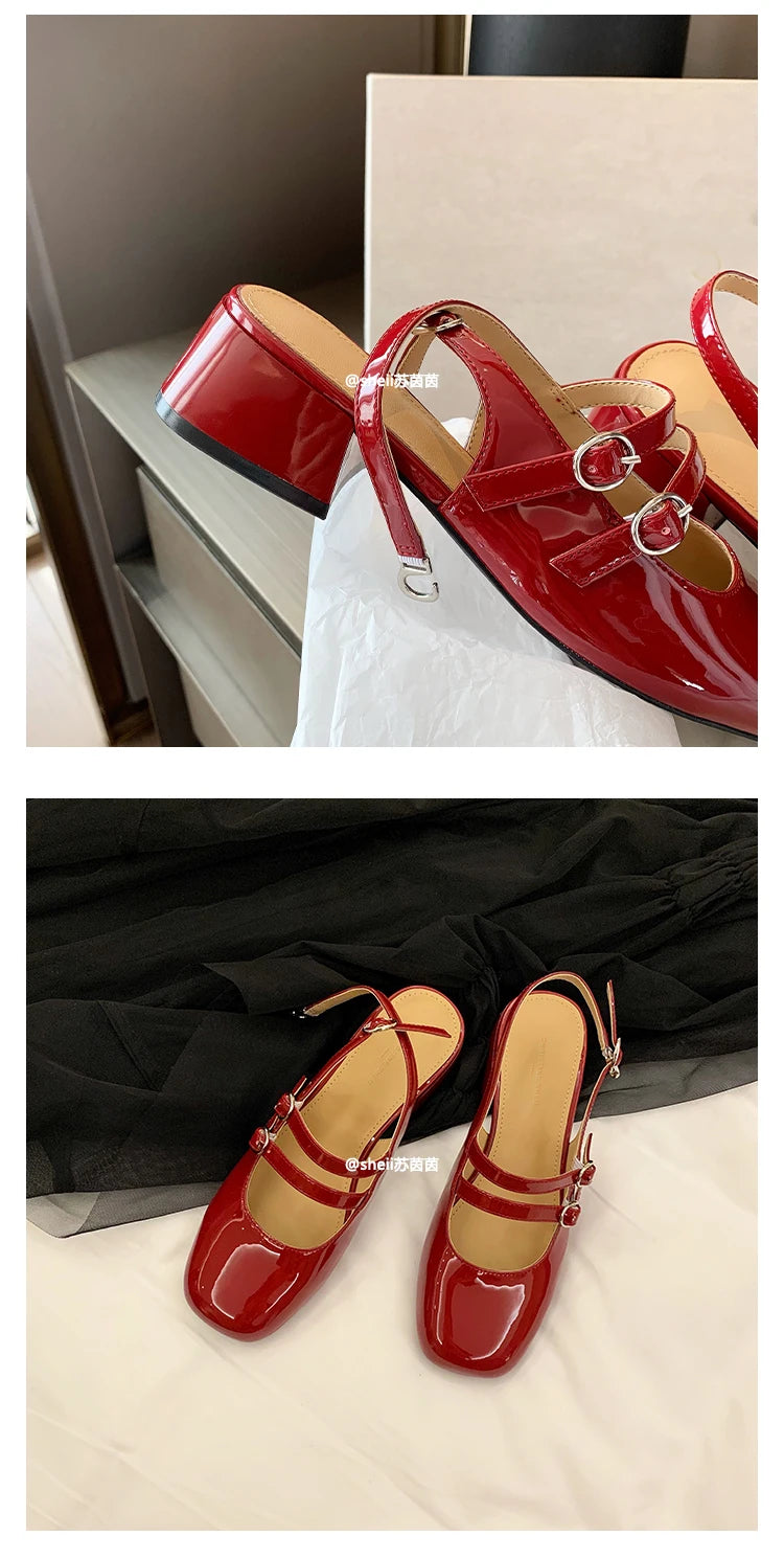 Classic Red Mary Jeans Woman Patent Leather Med-High Heels Sandals Two Buckle Belt Strap Shoes Femme Slingback Lolita Footwear