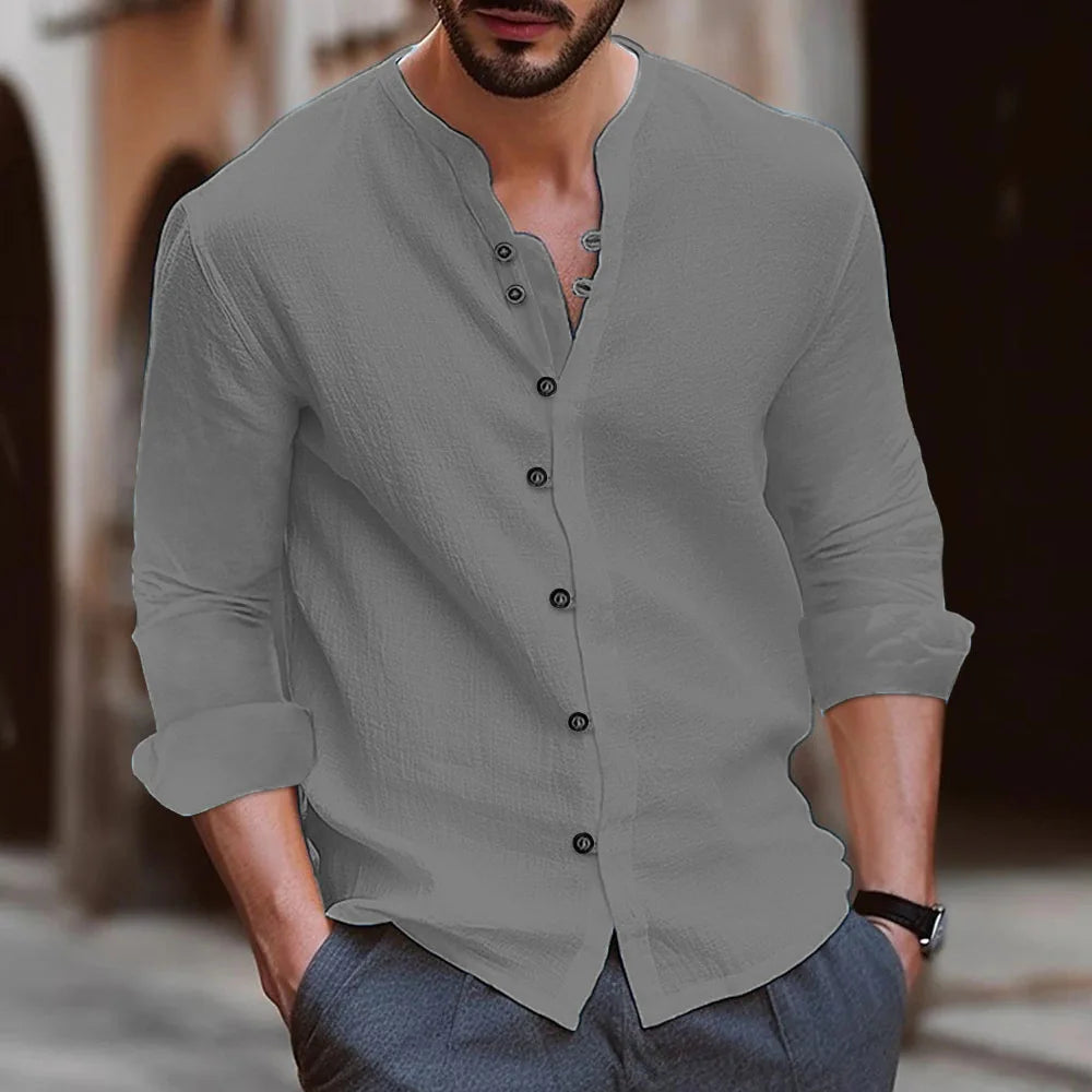 Hot new men's cotton linen shirt loose comfortable casual linen young men stand collar solid color shirt