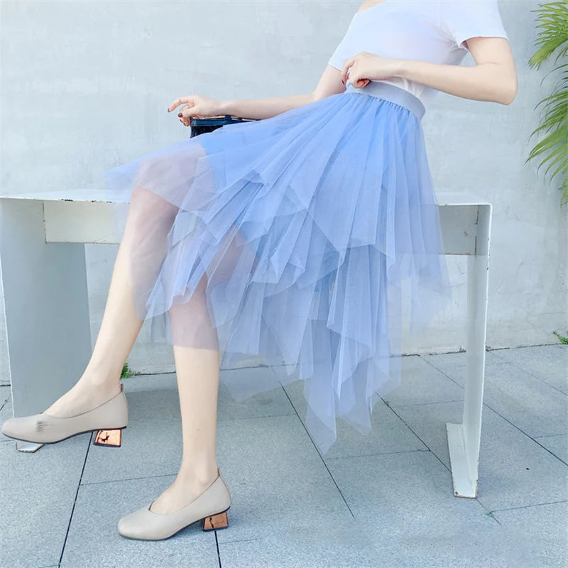 Fashion Summer Tutu Women Skirt Harajuku Tulle Bottom Faldas Casual High Waist Midi Mesh Skirts Woman Clothes Saia Jupe Femme - reetell