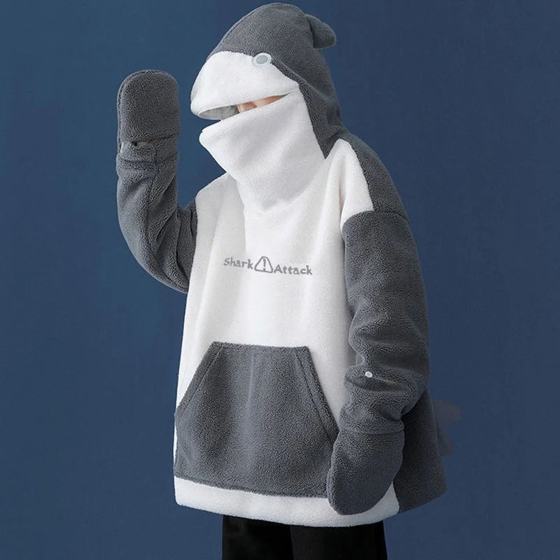 Cute Shark Shape Hoodies Couples Matching Women Kawaii Loose Tops Lambswool Zipper Hooded Sweatshirts Big Pockets Pullovers - reetell