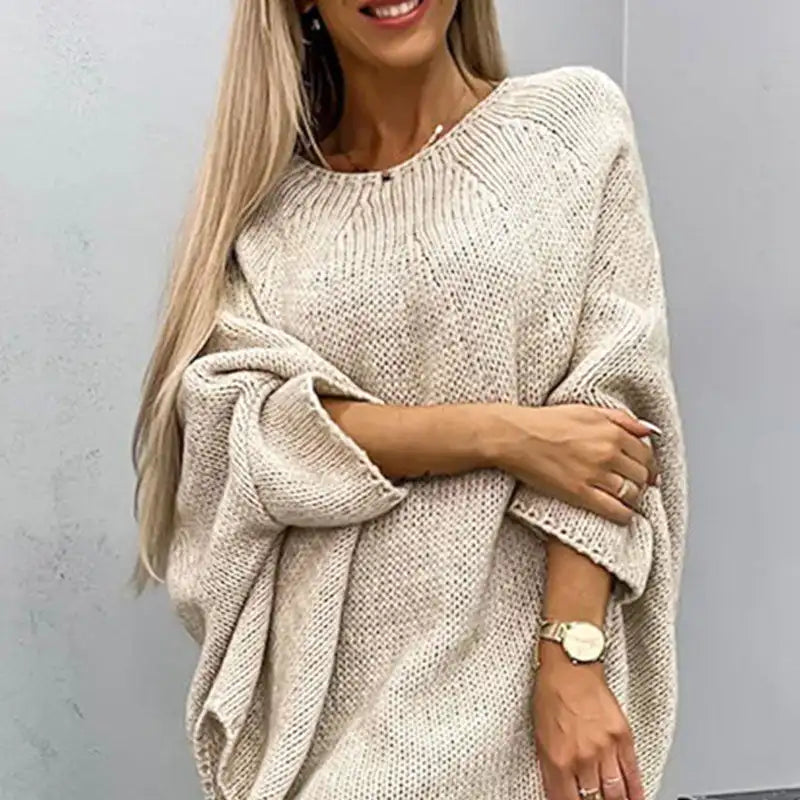 Women’s Sweater Tops Casual Knitted Long Sleeve Cape Sweater Solid Color Knitted Pullover Cape Round Neck Shawl Crochet Sweater - reetell