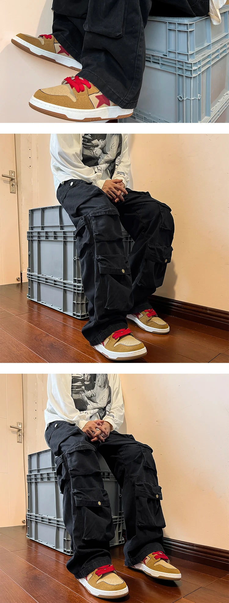 2023 Men Cargo Pants Multi-Pockets Tool Pants Harajuku Mens Vintage Loose Wide Leg Pants Streetwear Casual Hip-Hop Trousers