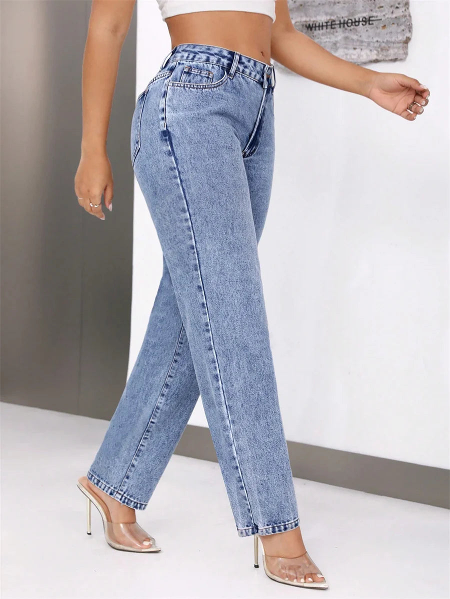 Benuynffy Vintage Blue Mid Waisted Jeans Women's American Casual Mom Pants Streetwear Fashion Denim Straight Long Trousers - reetell