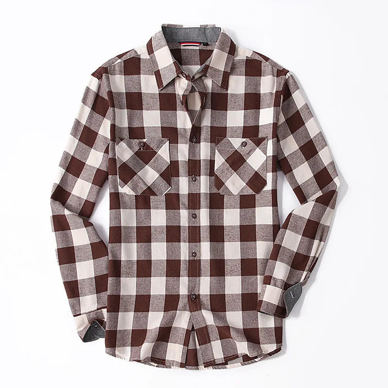 2023New Men Casual Plaid Flannel Shirt Long-Sleeved Chest Two Pocket Design Fashion Printed-Button