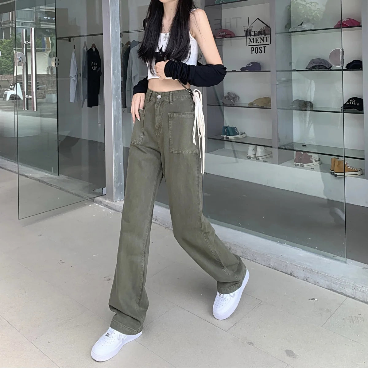 Military Green Jeans for Women High Waist Wide Legs Straight Leg Loose and Hanging Feeling Floor Length Pants High Street Trend - reetell