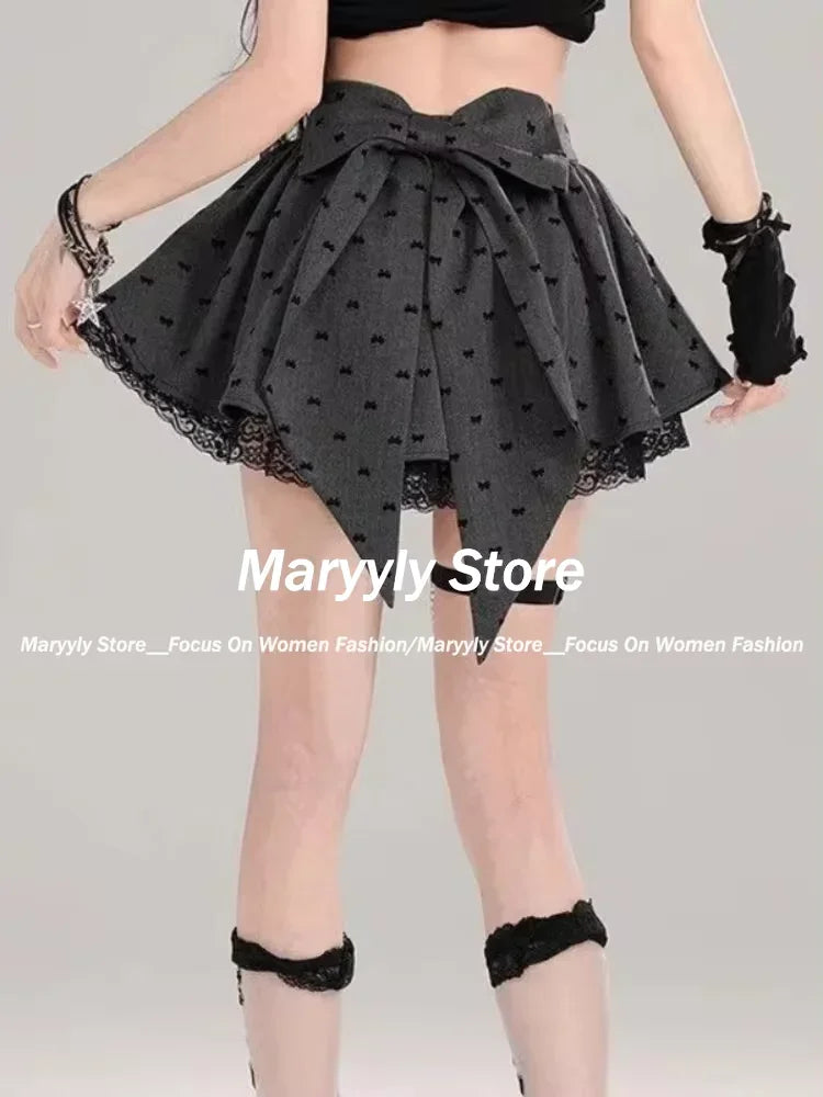 Design Bow Gray Pleated Skirt Women Lace Patchwork Mini Skirt 2024 Summer Fashion Lolita Style Striped Dot Print Cutecore Skirt - reetell