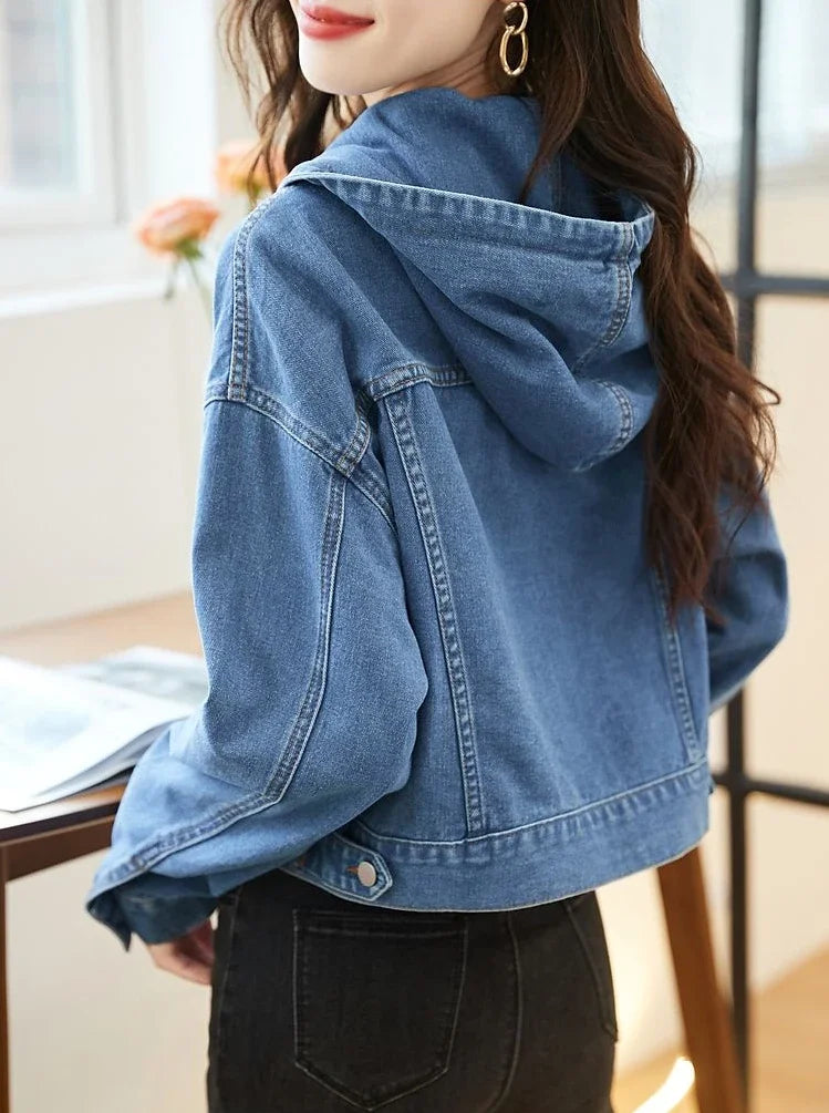 Crop Hooded Small Women's Denim Jackets Outerwears Female Jeans Coat Spring Autumn Plain Blue Short On Offer With Elegant Classy