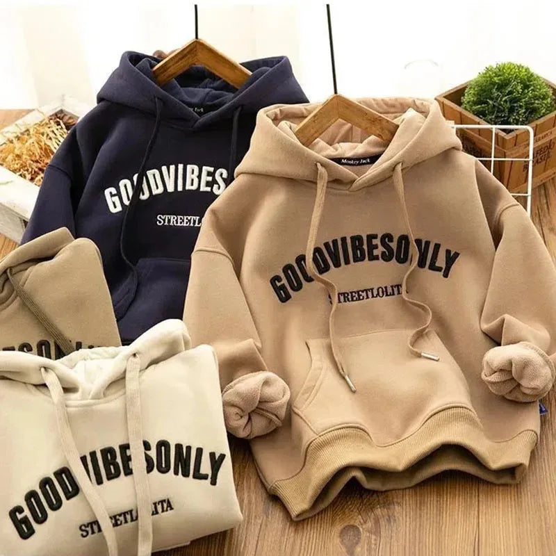 Autumn Winter Thicken Warm Women Hoodie Fashion Letter Print Plus Velvet Sweatshirts Harajuku All-Match Pockets Hooded Pullovers - reetell