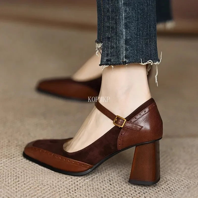 2024 Mary Janes Vintage Black Sandals Woman Buckle Non-Slip Casual Medium Heels Office Ladies Solid Elegant Heels Korean Summer - reetell