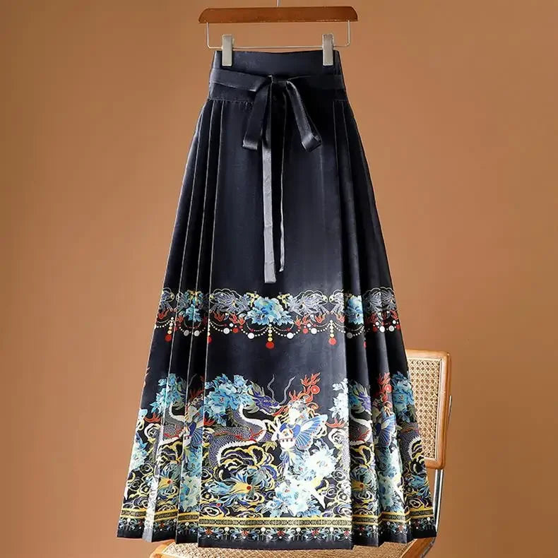 Maxi Chinese Style Horse Face Skirts Women Hanfu Vintage Harajuku Saia Casual Long Print Pleated Skirt Woman Clothing Faldas - reetell